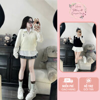 sét áo len nữ phối áo sơ mi tay dài kiểu Hàn quốc