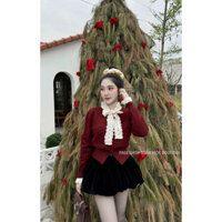 Set áo len nữ phối ren nơ cổ mix quần sooc bí phồng hai lớp siêu sang chảnh