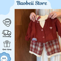 Set áo len phối quần sọc cho bé gái phong cách hàn quốc