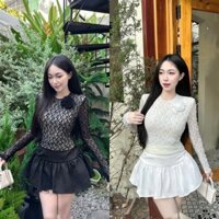 Set áo len ren tay dài đính hoa có lót phối chân váy mango tầng khóa kéo thiết kế dễ thương