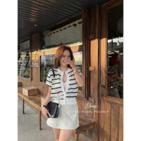 Set áo len sọc ngang tay ngắn + crop bra 2 dây + chân váy trắng - Viva Vida