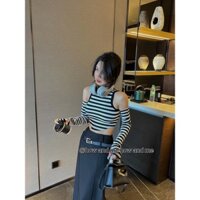 Set áo len tăm ba lỗ kẻ sọc vạt tôm mix găng tay xỏ ngón (265#)