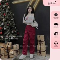 Set áo len tăm dài tay trễ vai dáng croptop kẻ 3 sọc phối quần suống túi hộp có dây rút phong cách gơn phố H22