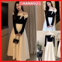 SET áo len tăm trễ vai buộc nơ MIX chân váy Midi xếp ly dáng dài tiểu thư thanh lịch hàng cao cấp loại đẹp B412 - HANASU