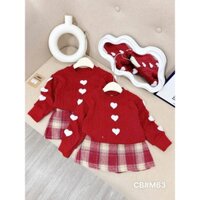 Set áo len trái tim đỏ tay dài cổ tròn phối chân váy kẻ caro mặc đi chơi Noel siêu cute cho bé gái