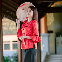 SÉT ÁO LẺ,QUẦN LẺ BÀ BA,GẤM 2 DA,HOA VĂN,TAY LOE,NÚT TÀU,QUẦN LỤA LATIN KẾT HỢP TÚI TRONG PHONG CÁCH HIỆN ĐẠI MẪU MỚI