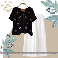 Set áo linen trung niên cổ tim nút gỗ hoạ tiết chuồn chuồn kết hợp quần ống rộng đơn giản xinh xắn