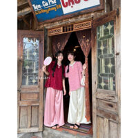 Set áo lông vũ cổ nút tày tay phồng kèm quần dài ống rộng có túi 2 bên lưng thun vải tuyết nhung