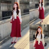 Sét áo lụa chấm bi tay dài cột nơ cổ phối chân váy xòe dài đỏ Phù Hợp Để Tới Công Sở, Đi Làm Hoặc Đi Chơi