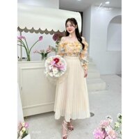 sét áo lụa hoa vai trễ bèo 3 tầng kèm chân váy dập li xòe vinahour mẫu mới 2024