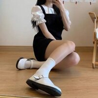 SET ÁO LỤA TRẮNG CỔ TRÒN TAY NGẮN+ĐẦM 2 DÂY ĐEN DÁNG SUÔNG