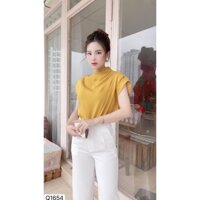 "Set áo lụa vàng cát phối  quần âu trắng A1823"