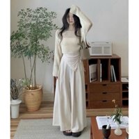 Set Áo Lưới Ren Đi Biển Kèm Quần Ống Rộng Sang Chảnh Màu Kem Thời Trang Năng Động Dành Cho Nữ