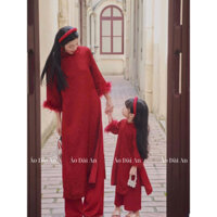 [Set áo mẹ] Áo dài Tết hot trend 2025, áo dài lụa gấm VÂN SA, vải gấm cao cấp đính lông vũ, áo cách tân mẹ bé -Áo Dài An