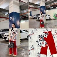 Set Áo Mickey Kèm Quần Dài Đỏ Sọc Trắng Dày Dặn