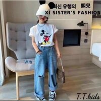 Set áo mickey + quần jean bao ngầu cho bé gái