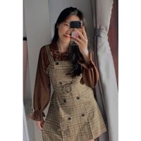 SET ÁO NÂU CỔ SEN TAY BO LOE + YẾM CARO (KÈM BELT)