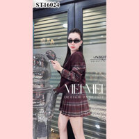 Set Áo Nâu Dài Tay Kèm Chân Váy Xếp Ly Kẻ Caro Nữ Tính Meistore ST16024