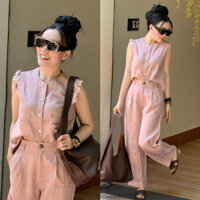 Sét Áo Ngắn Tay Áo Sát Nách Kèm Quần Nữ Linen Dài Qua Gối Quần Dáng Suông Nữ Màu Hồng Hường,Đi Biển Đi Chơi Du Lịch S862