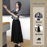 Set Áo Ngắn Tay Có Nơ Bướm Phong Cách Hàn Quốc Kết Hợp Với Chân Váy Màu Đen Tôn Dáng Cạp Cao Cho Nữ