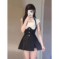 Set Áo Ngắn Tay Khoét Rỗng Xương Cá Màu Đen + Chân Váy Yếm Ôm Dáng Phong Cách Mới Mùa Hè Cho Nữ zeok Bán Chạy