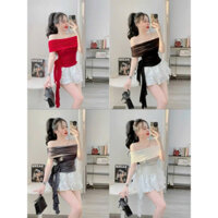 Set Áo Nhũ Trễ Hoa Eo Vai Kèm Chân Váy Tơ Tầng - FunnyShop