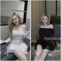 Set áo nhũ trễ vai rúm eo vạt chéo ôm body mix chân váy ngắn voan tơ 3 tầng có lót quần