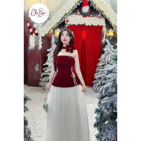 Set Áo Nhung Cúp Dây Kèm Hoa Cổ + Chân Váy Voan Dài ( Có Hình Thật )