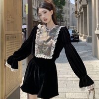 Set Áo Nhung Tay Dài Phối Ren + Quần Short Lưng Cao Thời Trang Mùa Thu Cho Nữ