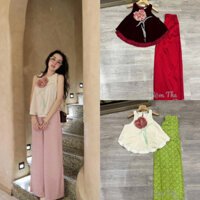 Sét áo nhung the sát nách khâu hoa cẩm tú cầu hồng + quần xuông lụa