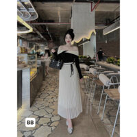 Sét áo nhung trễ vai kèm váy dập ly trắng xinh xỉu( hàng loại 1)