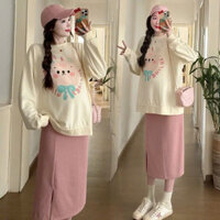 Sét áo nỉ bầu thu đông kèm chân váy phong cách hàn quốc in hình ngộ nghĩnh