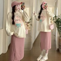 Sét áo nỉ bầu thu đông kèm chân váy phong cách hàn quốc in hình ngộ nghĩnh 02