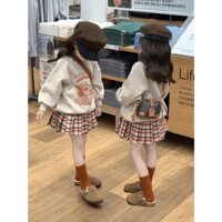 Set Áo Nỉ Dài Tay + Chân Váy Xếp Ly Sọc Caro Thời Trang Hàn Quốc Cho Bé Gái❤11.12