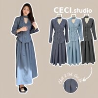 Set Áo Nữ Kiểu Dài Tay Cổ V Vạt Đuôi Tôm Có Dây Cổ Kèm Chân Váy Dài Xoè Xếp Ly Trước Nữ Tính -CECI.studio- S245