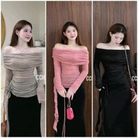 Set áo nữ nhũ trễ vai tay dài kèm chân váy dáng dài set đồ nữ đi chơi dự tiệc quyến rũ 303 Nữ Women Nhung Top Kem