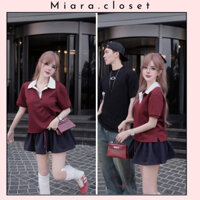 Set Áo Nữ Polo MPB Màu Đỏ Đô  Hình Thêu Mix Chân Váy Xoè Umi Có ảnh Thật