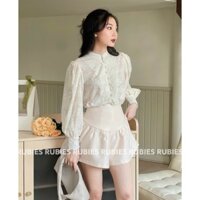 SET ÁO NUDE CỔ TRỤ VIỀN REN HOA NỔI SHORT