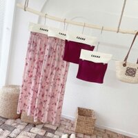 SET ÁO ỐNG CROPTOP ĐỎ CÚP NGỰC + CHÂN VÁY MIDI HỒNG DẬP LY HOA NHÍ (TH)