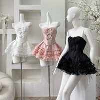 Set áo ống cúp ngực đính nơ + Chân váy tầng xoè