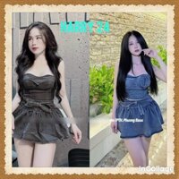 Sét áo ống cup ngực phối chân váy jean ngắn dáng xòe mix nơ phần eo với 2 màu jean hot hit