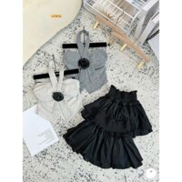 set áo ống dạ dây yếm đeo cổ đính hoa tà xẻ phối váy chun eo xòe 2 tầng