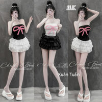 Set áo ống đính nơ bèo kèm váy voan tầng xinh