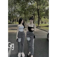 Set áo ống gân có mút quần dài thun gân sọc 1 bên đầu gối 3 sọc