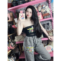 Sét áo ống in hình bọt biển có mút ngực mix quần caro dài ống suôn Top Nữ