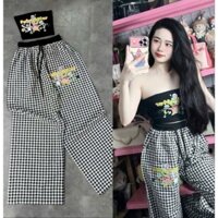 Sét áo ống in hình bọt biển có mút ngực mix quần caro dài ống suôn Top Nữ