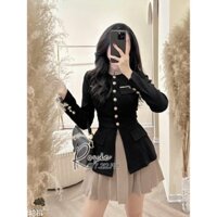 Set áo peplum cổ tàu xẻ vạt kèm chân váy xòe xếp ly siêu xinh