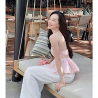 Set áo peplum cổ yếm nhún ngực hở lưng mix quần suông ống rộng M01