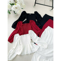 SET ÁO PEPLUM TAY PHỒNG CỔ VUÔNG + CHÂN VÁY MIDI SUÔNG set xinh D486