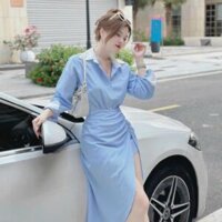 Set áo phối cổ phối tay kèm chân váy có quần dây kéo sau xẻ tà form dáng dài thanh lịch vải thoáng